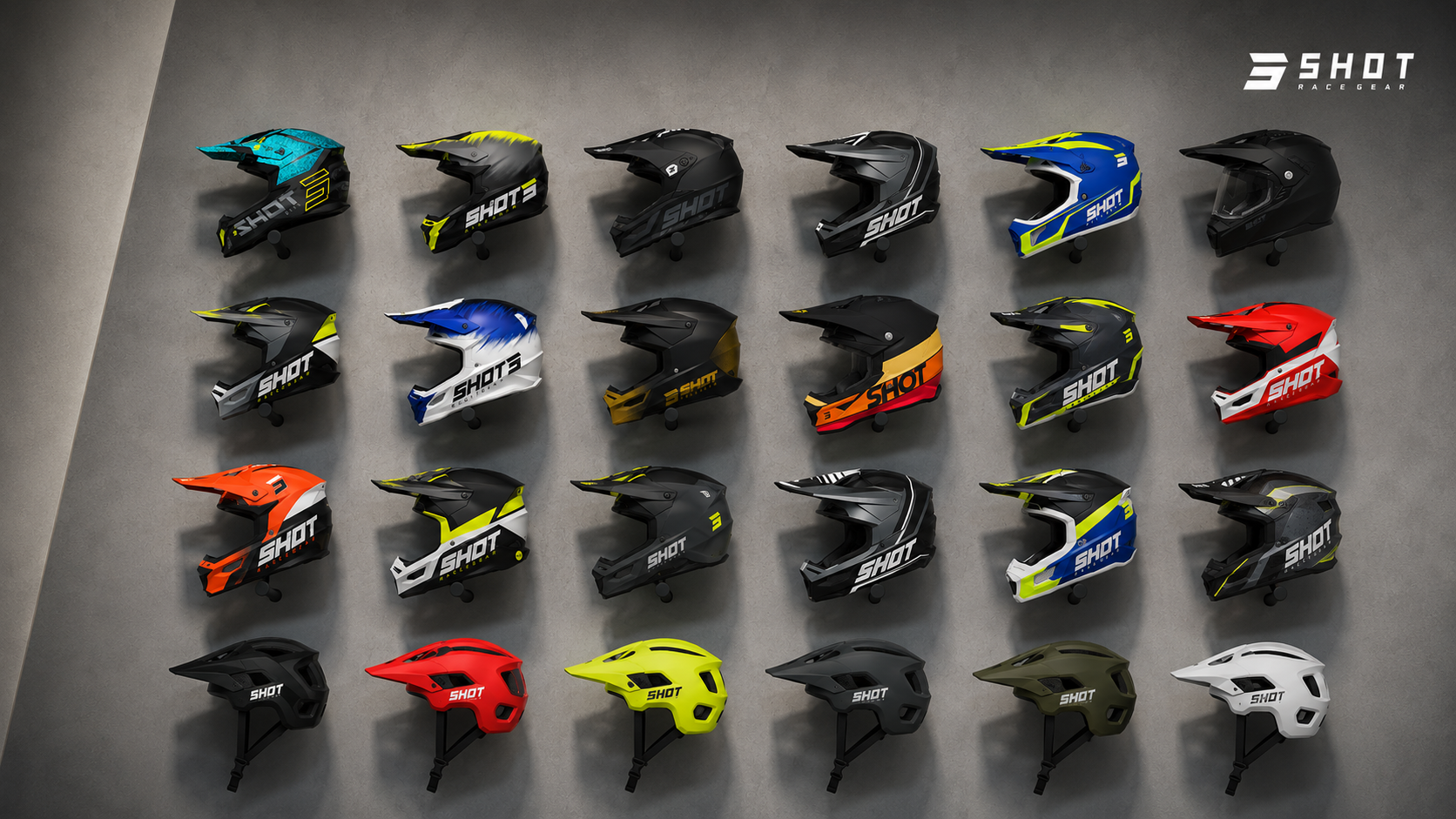 Colección de cascos Shot Race Gear para motocross, enduro y Bigtrail